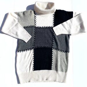 VTG Women’s Fred Thomas Lambswool Blend Turtleneck Color Block Sweater, Med